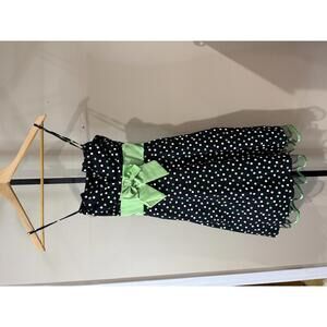 Taboo Y2k Black Polka Dot Dress with Green Bow Waistband Medium
